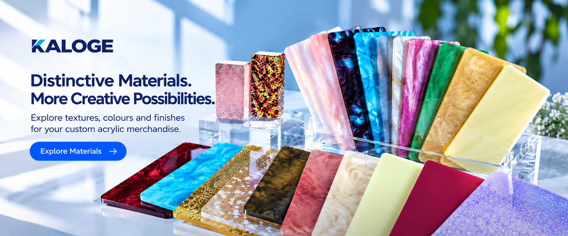 Kaloge specialty acrylic material samples in a range of colours, textures and finishes